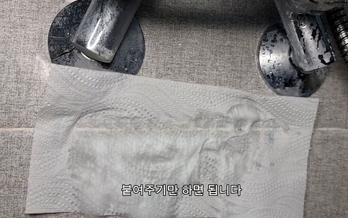 욕실 벽면에 곰팡이 제거제를 뿌린 뒤 휴지를 붙인 모습 / 유튜브 '살림팁'