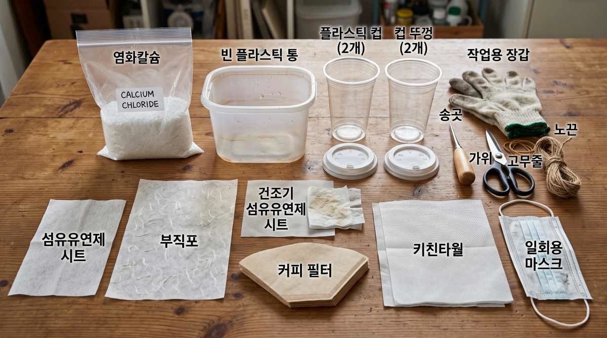 제습제 통 재활용 꿀팁 준비 재료들.  기사 내용 토대로 AI툴 활용해 제작한 자료사진.