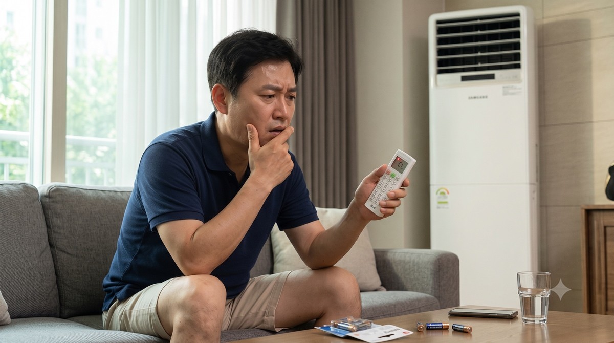 에어컨 리모컨 작동을 확인 중인 남성 / AI 생성 이미지