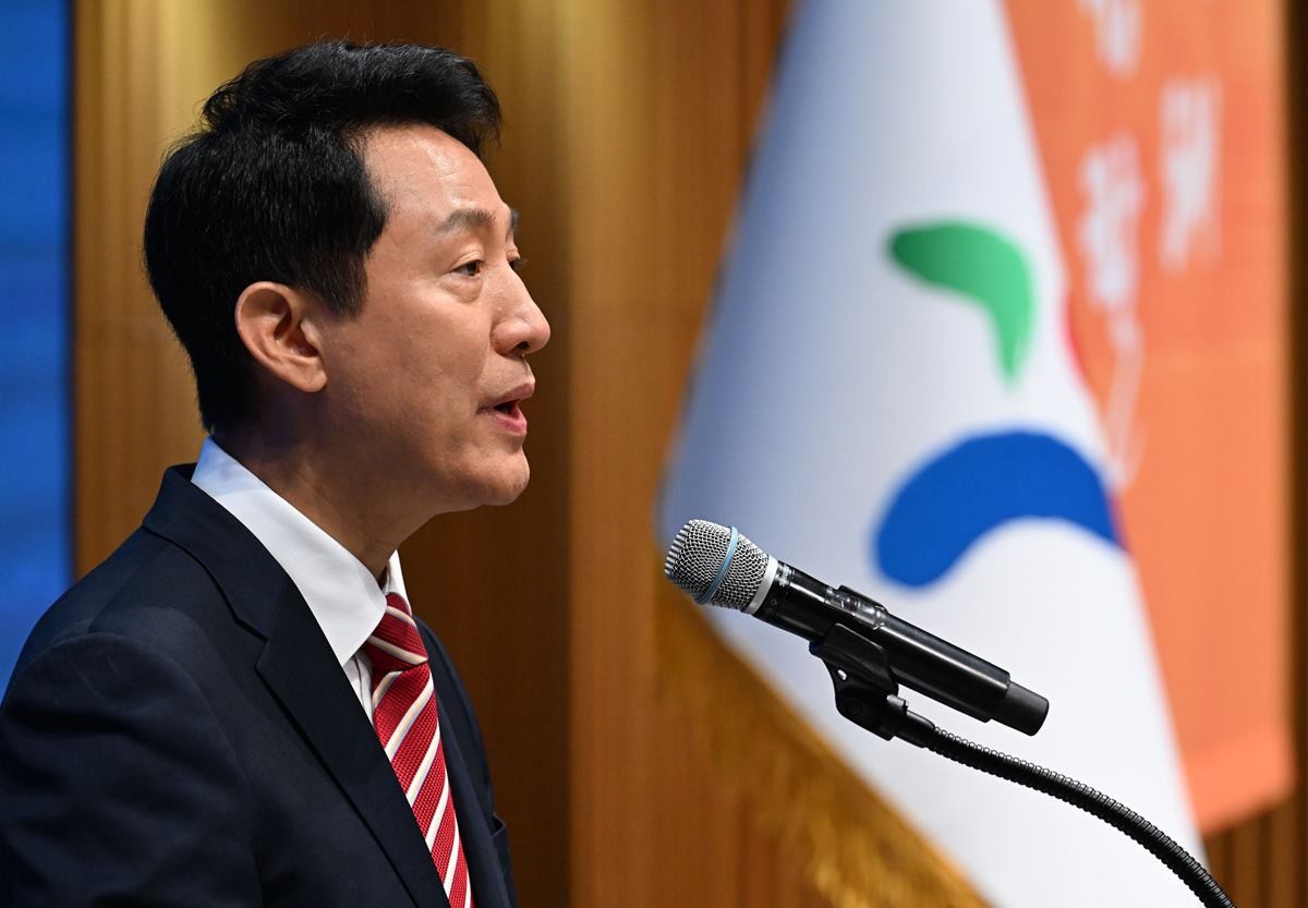 민선 9기 서울시정을 이끌게 된 오세훈 시장이 1일 시청에서 열린 제40대 서울특별시장 취임식에 참석해 취임사를 하고 있다. / 뉴스1