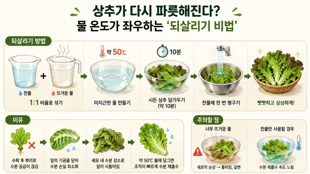 [인포그래픽] 기사 본문을 바탕으로 AI툴을 활용해 생성한 인포그래픽 이미지. 찬물과 뜨거운 물을 1:1 비율로 섞어 약 50도 정도의 물을 만든 뒤, 시든 상추를 10분가량 담가두면 상추가 좀 더 싱싱해진다.
