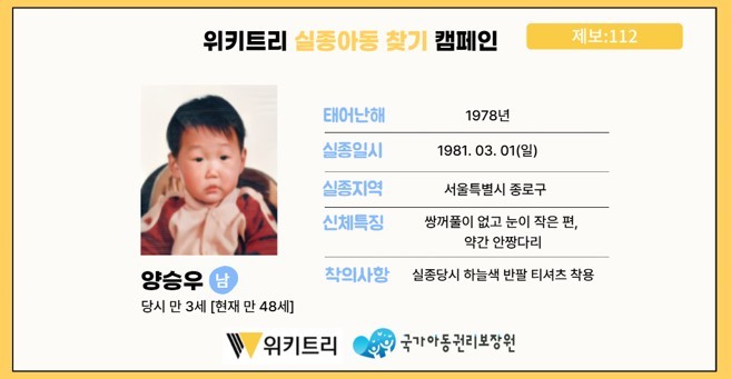 실종아동 양승우 / 위키트리, 사진제공: 아동권리보장원