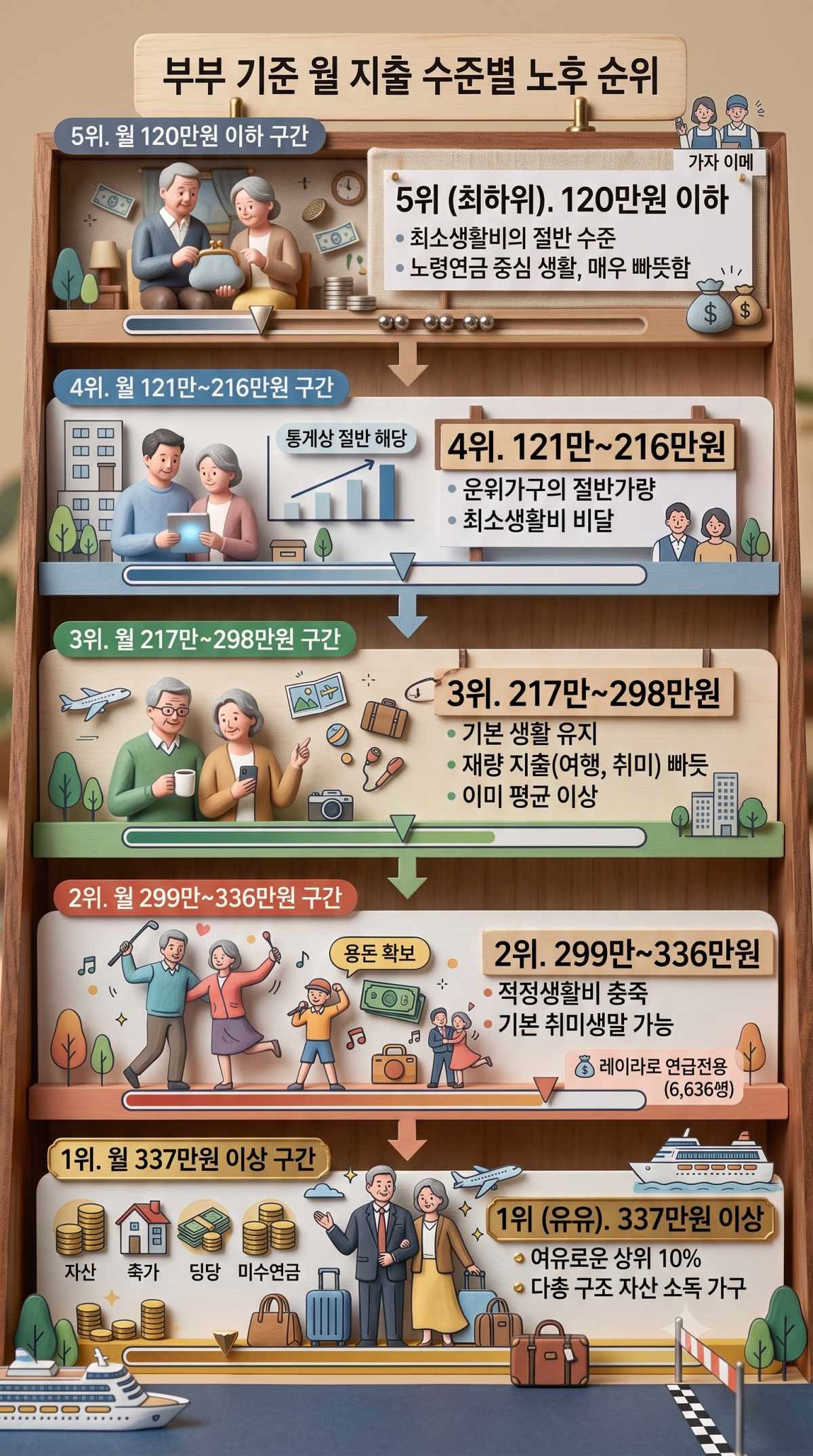 '부부 기준 월 지출 수준을 5단계'. 기사 내용 토대로 AI툴 활용해 제작한 자료사진.