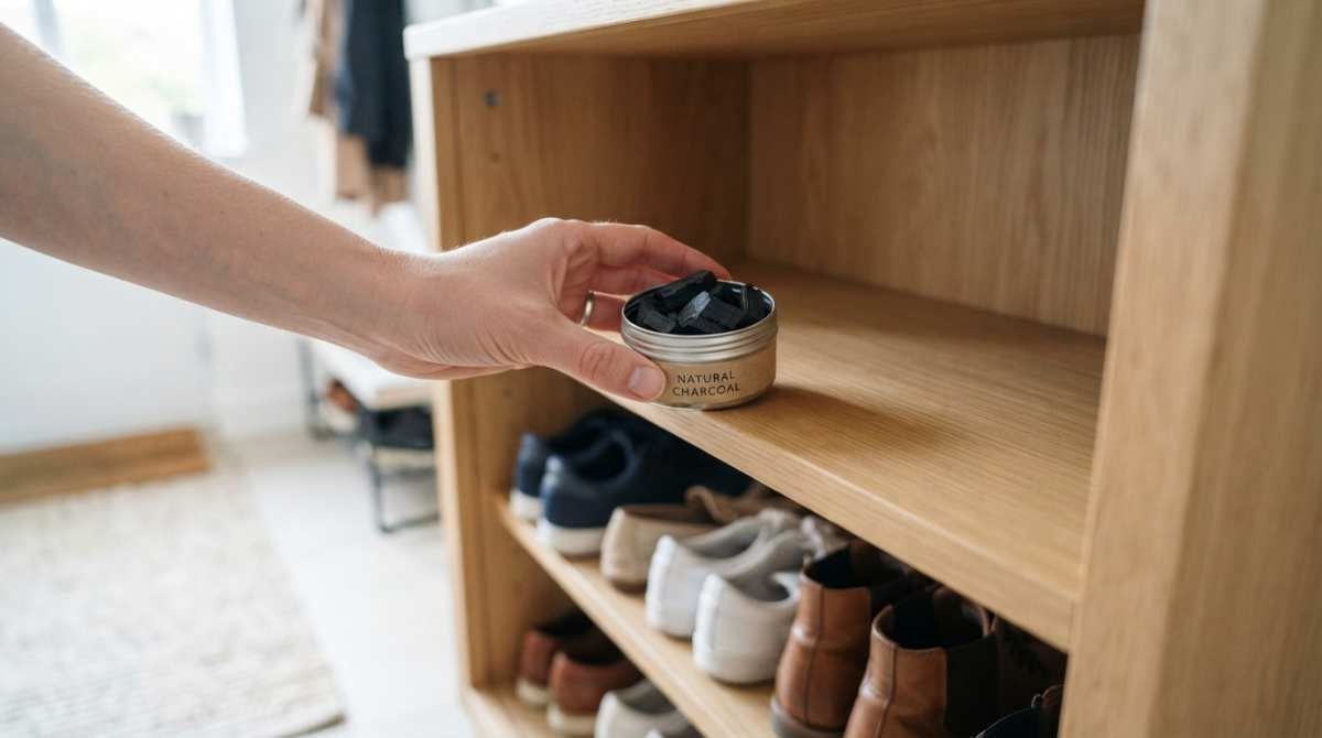 숯을 신발장에 두고 있는 사진. AI 생성 이미지