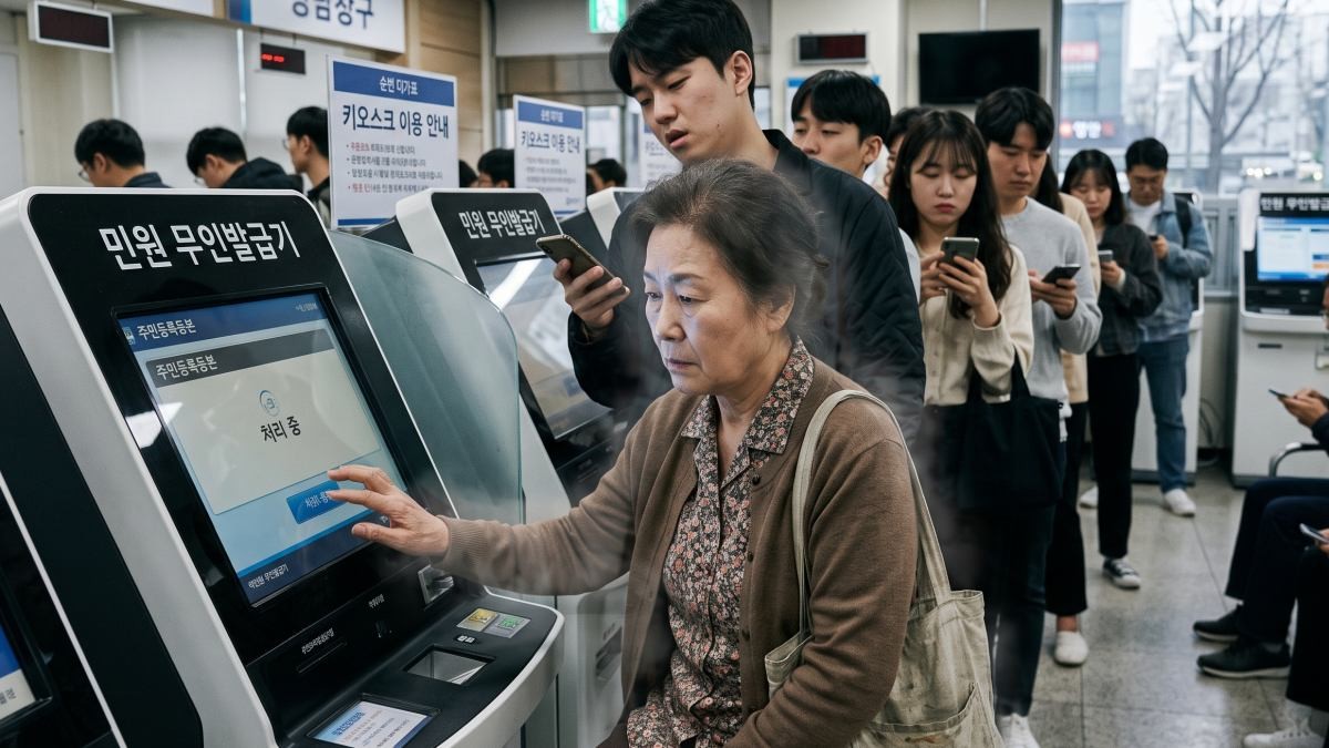 키오스크 처리 방법이 미숙한 중년. 기사 내용 토대로 AI툴 활용해 제작한 자료사진.