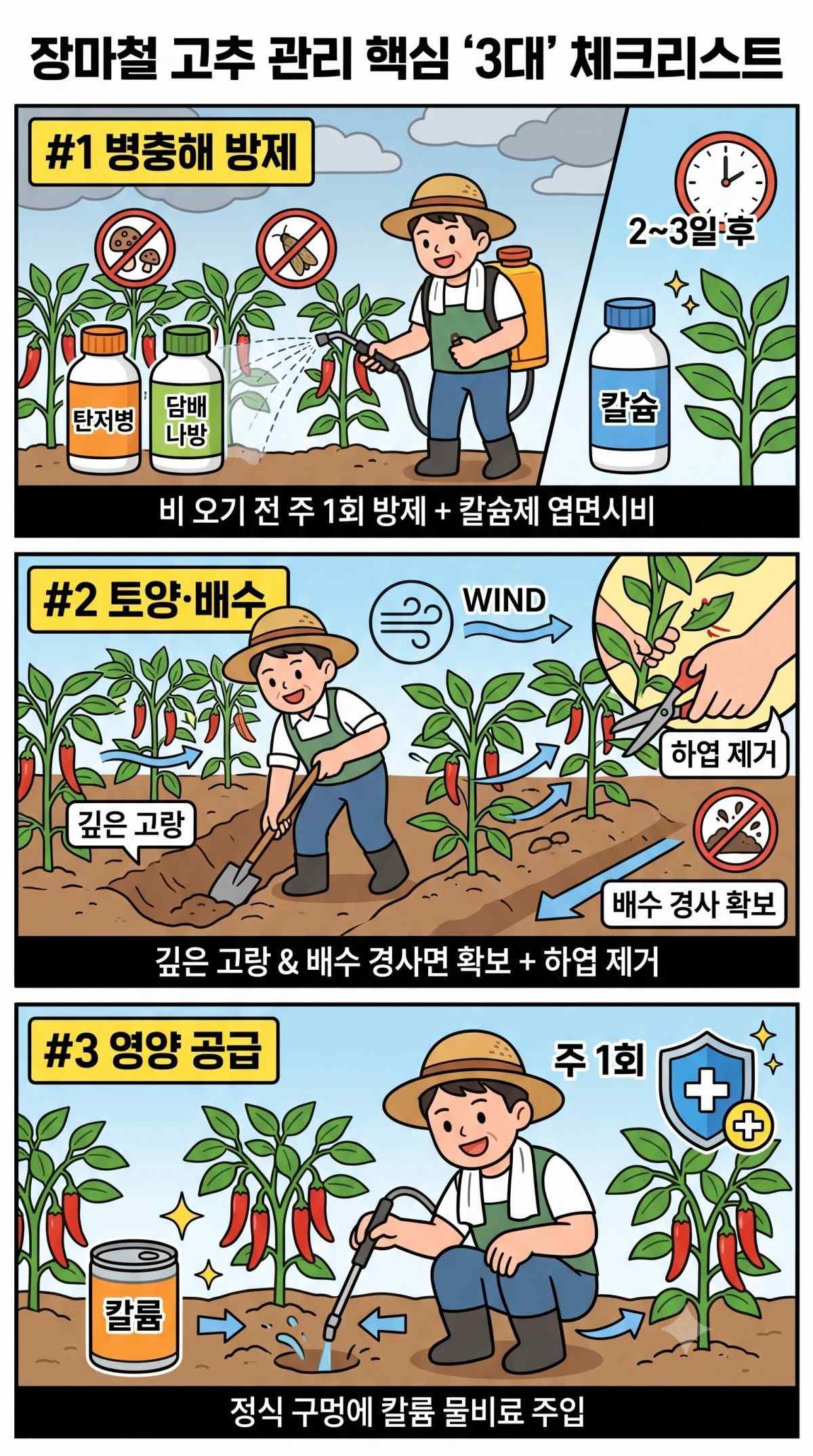 장마철 고추 관리 핵심 체크리스트. 기사 내용 토대로 AI툴 활용해 제작한 자료사진.