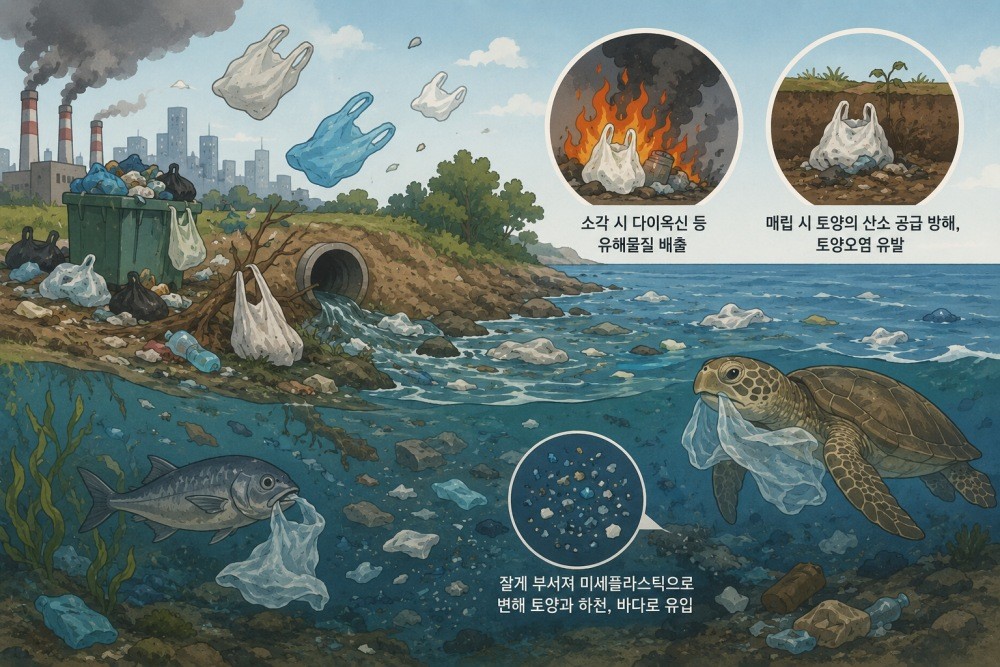 AI툴을 활용해 생성된 자료 이미지. 비닐 분해기간은 짧게는 10~20년에서 많게는 몇백 년이 소요되는 것으로 알려져 있다. 비닐봉지를 매립할 경우 분해 과정에서 토양의 산소 공급을 어렵게 만들어 토양오염을 유발하고, 소각할 경우에는 환경호르몬인 다이옥신 등이 배출되며 오존층을 파괴하고 지구온난화를 유발할 수 있다.