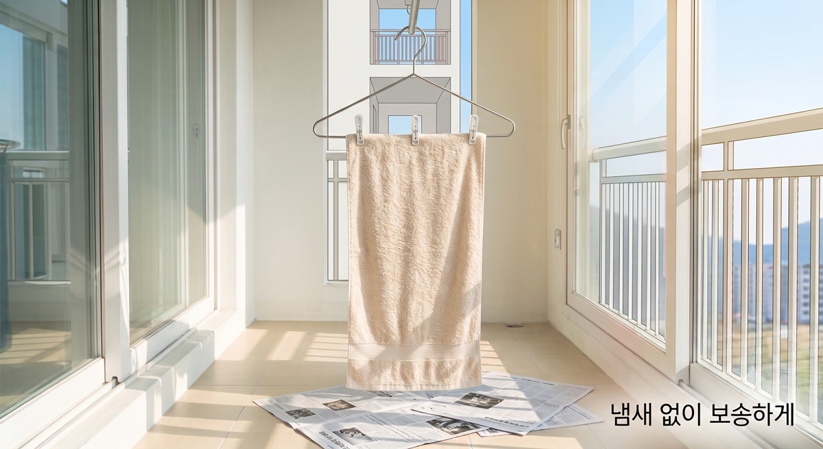 빨래 집게를 활용해 수건을 일자로 펼쳐서 널어 둔 모습 / AI 생성 이미지