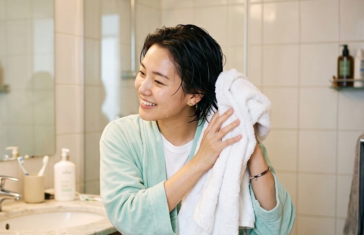 머리를 담은 뒤 수건으로 머리카락에 있는 물기를 닦아내는 모습. 기사 이해를 돕기 위해 AI를 활용해 제작한 자료 사진. 장마철에는 공기 중 습도가 높고 욕실 안에 수증기가 오래 머물기 때문에 수건이 쉽게 마르지 않는다. 이때 젖은 수건을 욕실에 그대로 걸어두면 냄새와 세균 번식이 쉬운 환경이 만들어진다.
