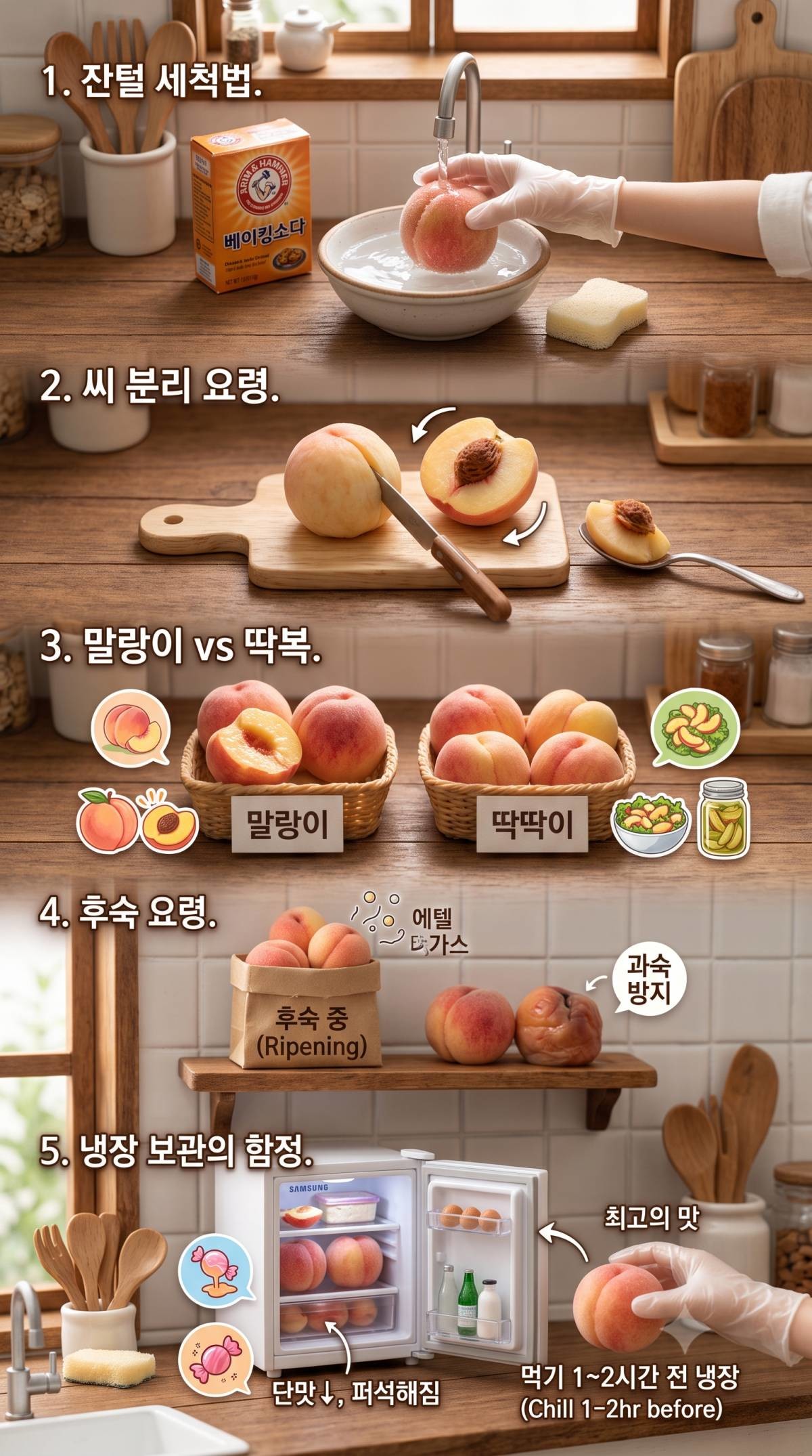 복숭아 꿀팁 5가지. 기사 내용 토대로 AI툴 활용해 제작한 자료사진.