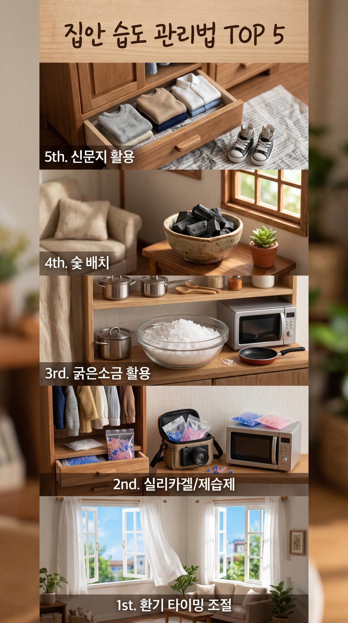 여름 장마철 집안 습도 관리법 톱5. 기사 내용 토대로 AI툴 활용해 제작한 자료사진.
