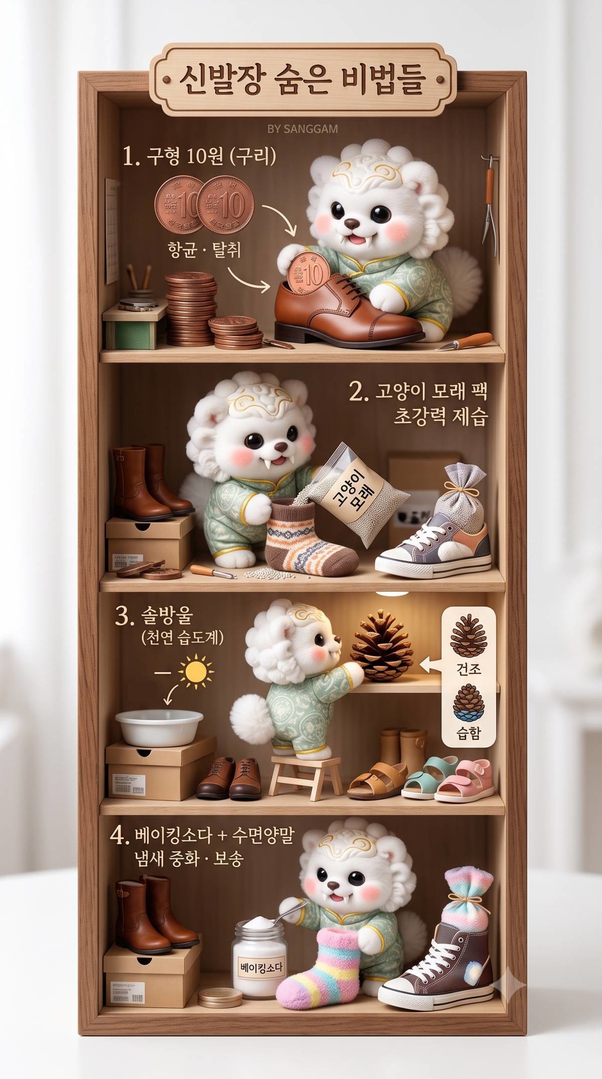 신발장 관리 꿀팁들. 기사 내용 토대로 AI툴 활용해 제작한 자료사진.
