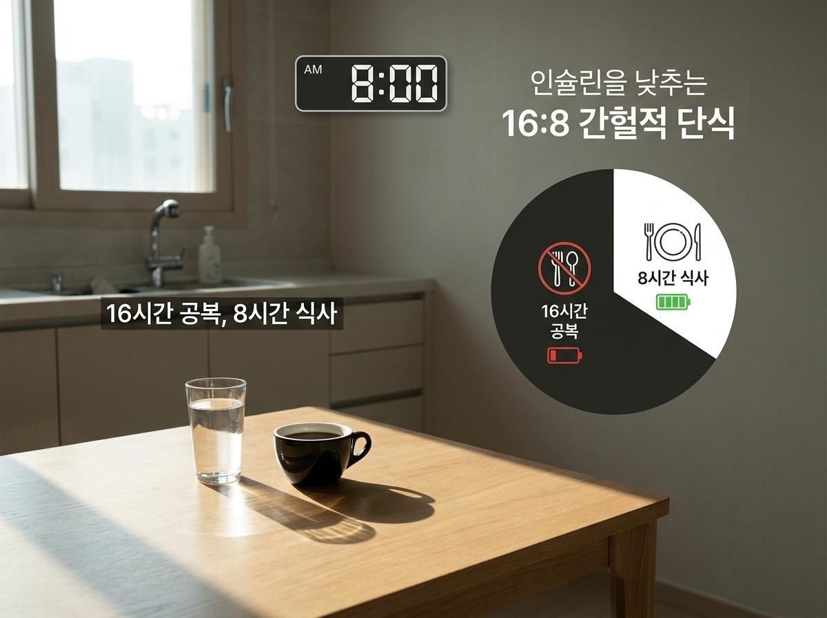 주방에서 아침 햇살이 들어오는 시간, 투명한 물컵과 블랙커피가 담긴 컵만 테이블에 놓여 있고 식사 시간까지 공복을 유지하는 절제된 분위기의 실내 모습. 기사 내용 토대로 AI툴 활용해 제작한 자료사진.