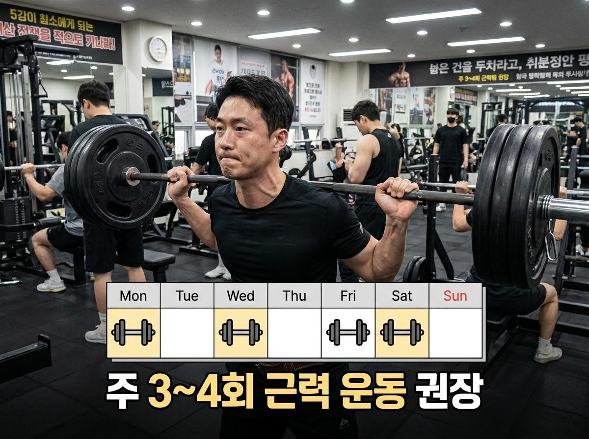 한국의 피트니스 센터에서 덤벨이나 바벨을 이용해 정자세로 근력 운동을 수행 중인 사람의 모습. 운동에 집중하는 진지한 모습. 기사 내용 토대로 AI툴 활용해 제작한 자료사진.