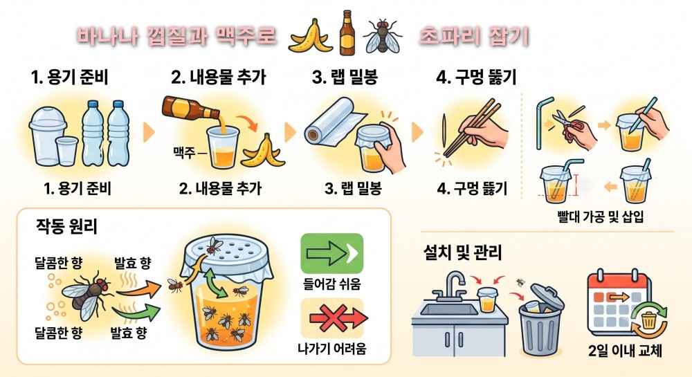 [인포그래픽] AI툴을 활용해 생성된 인포그래픽 이미지. 바나나 껍질에서 나는 단내와 발효 중인 맥주의 향이 결합하면서 초파리를 강하게 유인할 수 있다. 다만, 트랩은 시간이 지나면 유인력이 떨어지고 자칫 새로운 번식처가 될 수도 있으므로 가급적 2일 이내에 내용물을 교체해 주는 것이 필요하다.