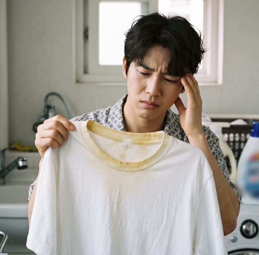 AI툴을 활용해 생성한 자료사진. 땀이 묻은 옷을 바로 빨지 않고 방치하면 땀이 산화돼 황변 현상을 일으키고, 결국 옷의 목이나 겨드랑이 등에 누런 얼룩이 생겨 곤란한 상황이 펼쳐진다. 따라서 여름에는 땀이 묻은 옷을 바로 세탁하는 습관이 중요하다. 이미 얼룩이 생긴 옷이라면 산소계 표백제 등을 활용할 수 있다.