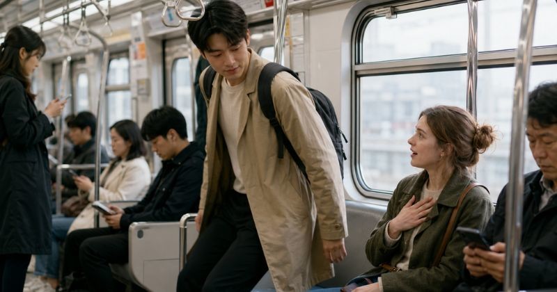 한국 지하철 안에서 한 남성이 말없이 자리에서 일어나 외국인에게 좌석을 양보하는 듯한 장면. 직접 말하지 않아도 행동으로 배려를 전하는 한국식 조용한 친절을 보여준다. / AI가 생성한 자료사진