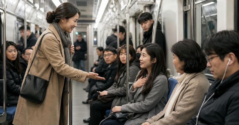 한 여성이 지하철 안에서 직접 손짓하며 “여기 앉으세요”라고 권하는 듯한 장면 / AI가 생성한 자료사진