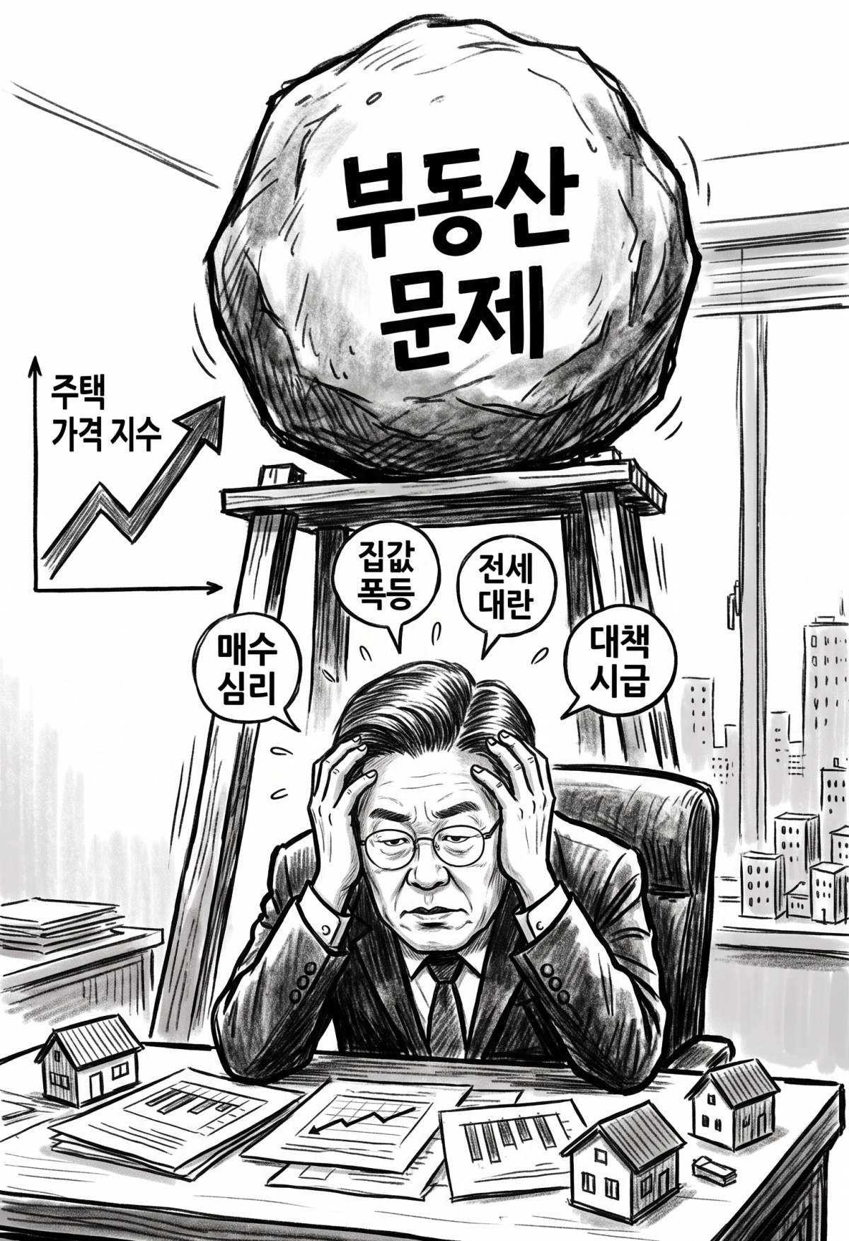 부동산 문제, 이재명 정부의 고민. 기사 내용 토대로 AI툴 활용해 제작한 자료사진.