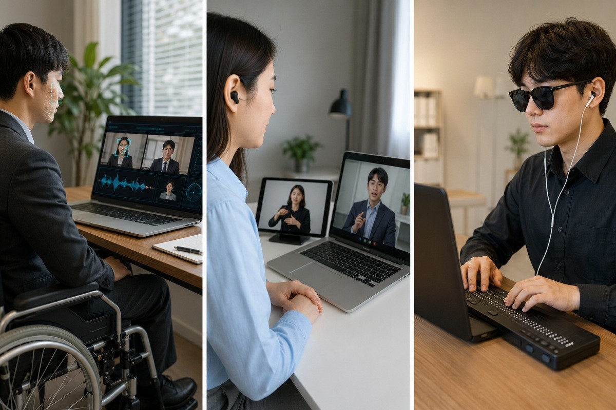 AI 화상면접과 장애인 채용 접근성을 표현한 이미지. 왼쪽부터 휠체어 이용 지원자의 AI 면접, 수어통역이 제공되는 화상면접, 점자정보단말기를 활용한 온라인 채용 평가 모습. / AI 생성 이미지