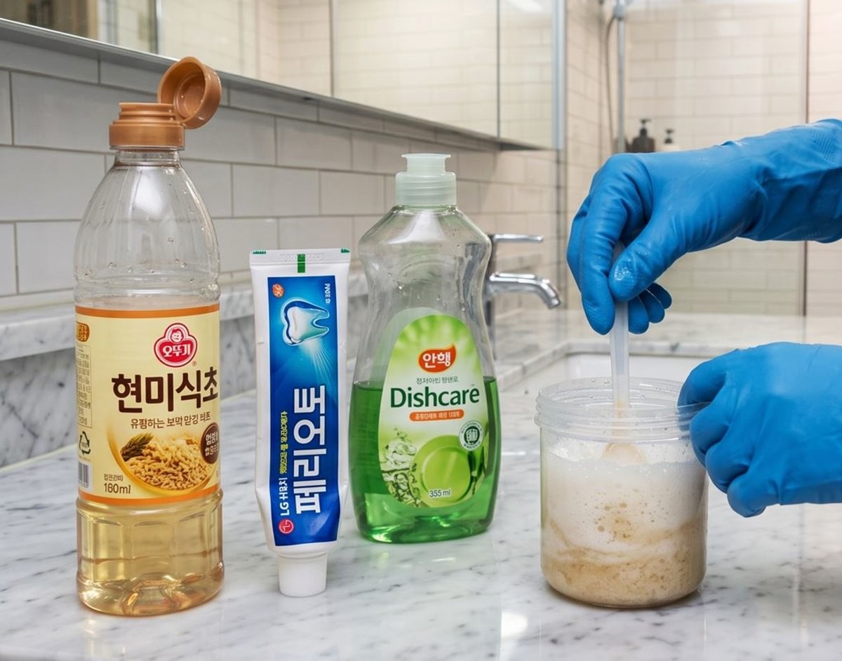 샤워부스 청소를 위해 식초, 주방세제, 치약을 1:1:1 비율로 섞어 청소에 필요한 용액을 만들어준다. 기사 이해를 돕기 위해 AI를 활용해 제작한 자료 사진