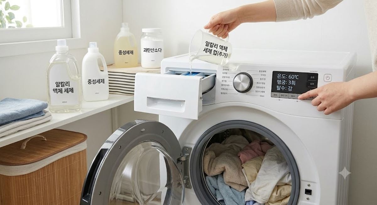 빨래 냄새 제거에 좋은 알칼리 세제 한 컵 더 넣기 팁 / AI 생성 이미지