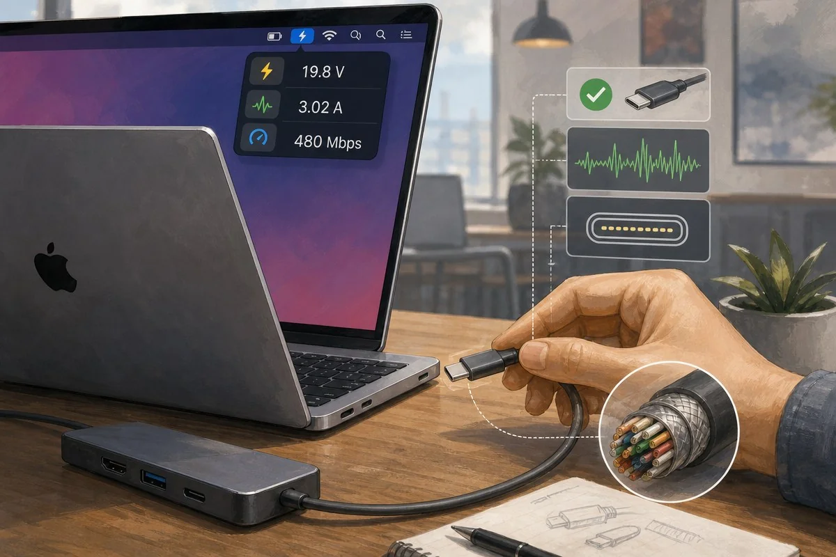WhatCable, 맥 USB-C 케이블 성능 다 보여준다 / AI 생성 일러스트(삽화)