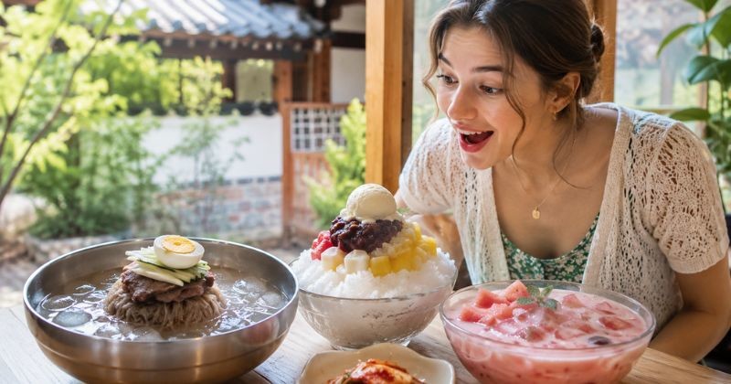 한옥 분위기의 여름 식당에서 외국인이 냉면, 빙수, 수박화채를 보고 놀라는 모습 / AI가 생성한 자료사진