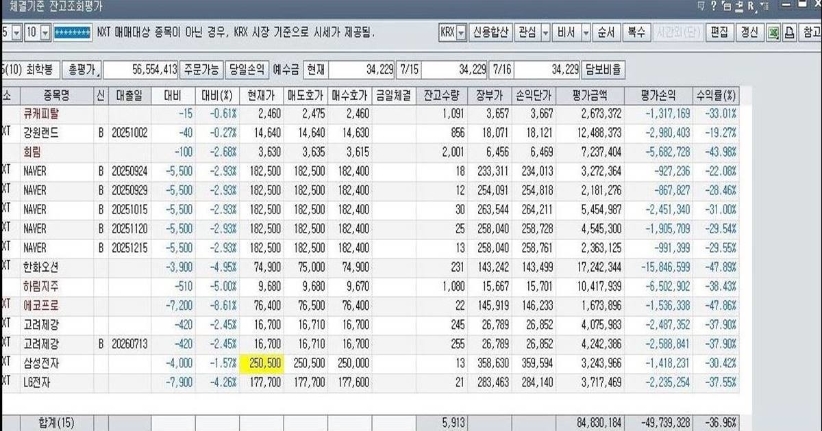 ▲ 30년간 국내 증시에 투자한 최학봉 기자의 실제 주식계좌. 평가손실 4973만9328원, 수익률 -36.96%를 기록하고 있다. 종목명 앞 'B'는 주식담보대출 종목을 뜻하며, 장기 투자와 담보대출이 겹치며 누적된 손실의 현실을 보여준다. / 사진=최학봉 기자