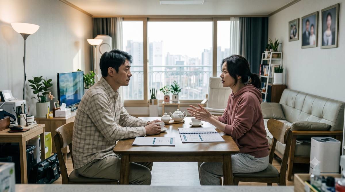 이성을 찾고 차분하게 다시 대화 중인 부부.기사 내용 토대로 AI툴 활용해 제작한 자료사진.