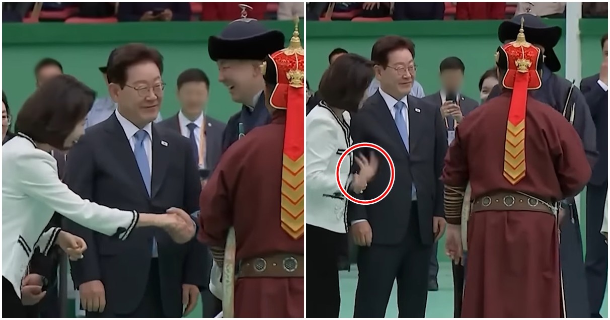 이재명 대통령과 김혜경 여사가 몽골 국빈 방문 마지막 날인 지난 11일(현지 시각) 몽골 최대 명절인 ‘나담축제’ 개막식에 주빈으로 참석해 활쏘기를 체험했다. 체험 직후 김 여사는 후렐수흐 몽골 대통령과 악수를 나눴다. / 유튜브 'JTBC 뉴스'