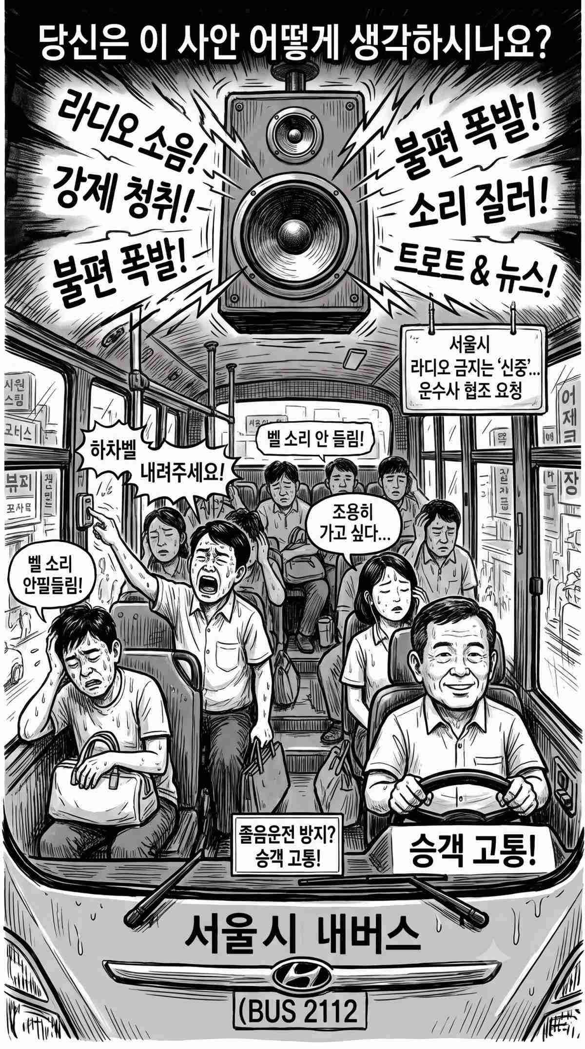 '시내버스 기사 라디오 청취 반대'에 동의하는 입장들. 기사 내용 토대로 AI툴 활용해 제작한 자료사진.