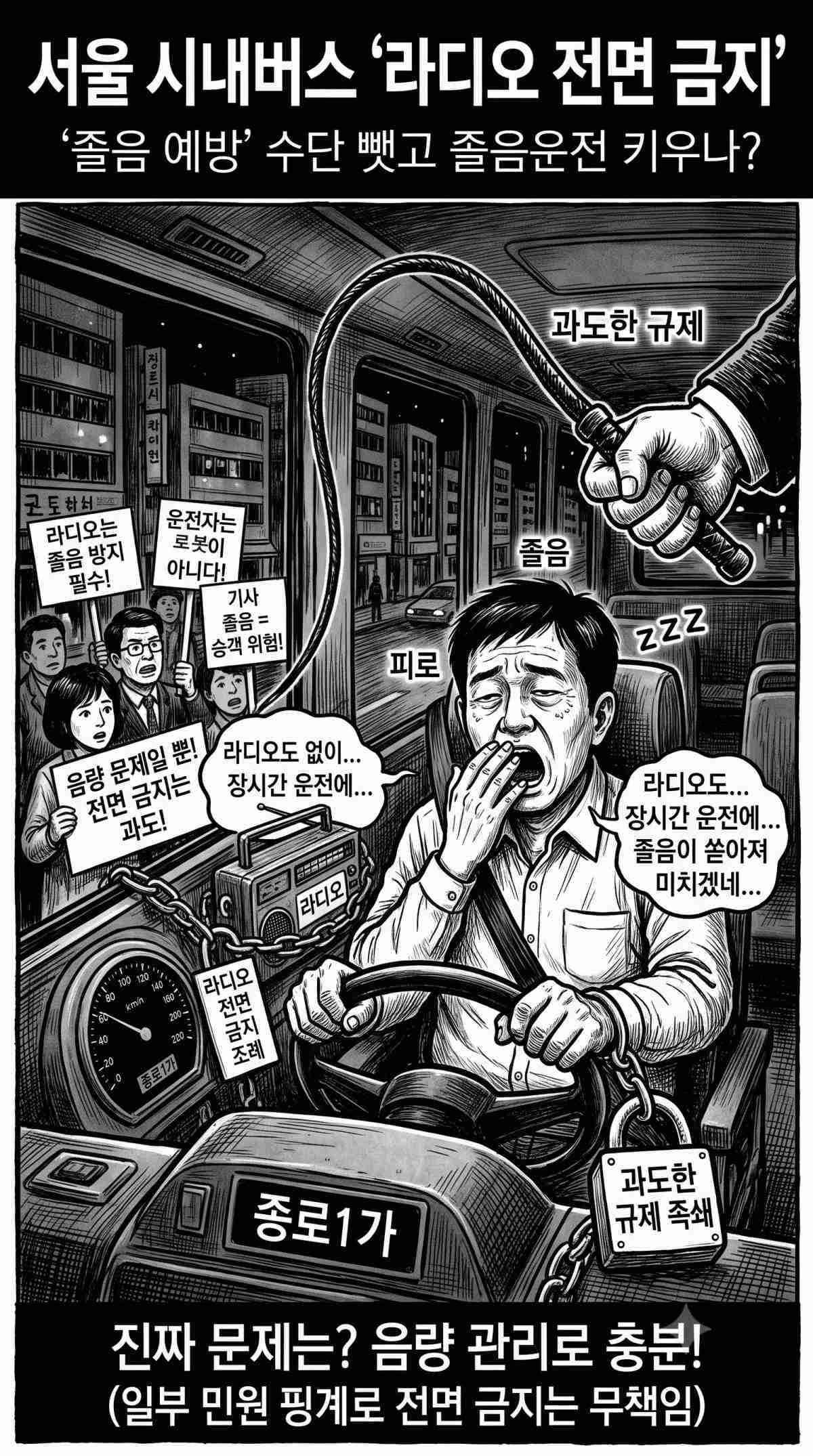 '시내버스 기사 라디오 청취 반대'에 동의하지 않는 입장들. 기사 내용 토대로 AI툴 활용해 제작한 자료사진.