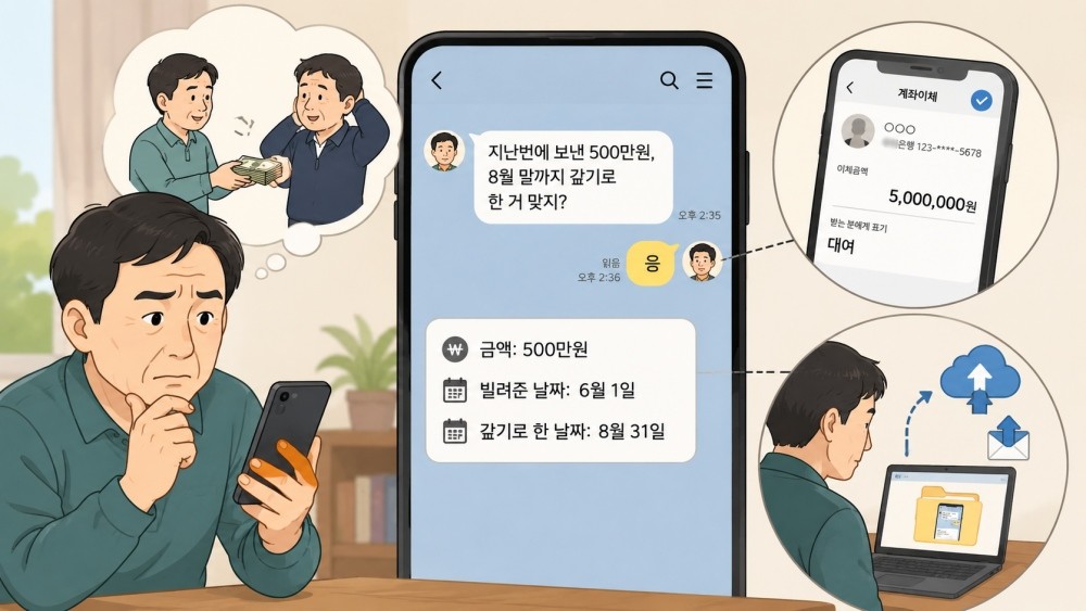 AI툴을 활용해 생성한 일러스트. 차용증을 쓰기 어렵다면 반드시 문자나 메신저 등을 통해 돈을 빌려준 사실과 내역 등을 확인받는 기록을 남긴다.