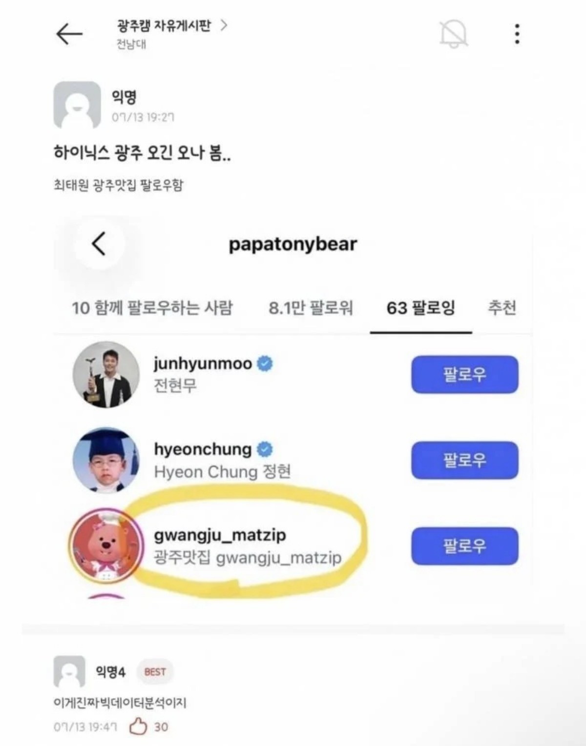 최태원 SK그룹 회장의 인스타그램 팔로잉 목록에 광주 지역 맛집 소개 계정이 포함된 모습. / 온라인 커뮤니티 캡처