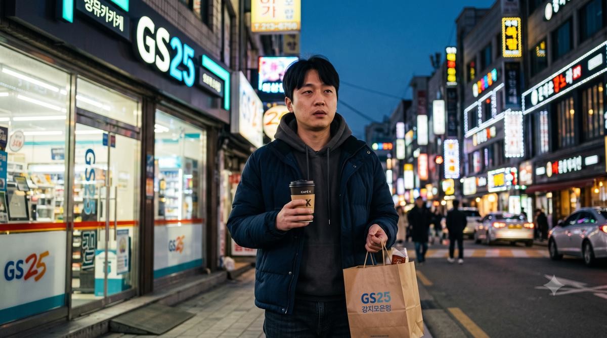 사치에 돈 다 쓰고 편의점에서 먹을 것 산 남성. 기사 내용 토대로 AI툴 활용해 제작한 자료사진.