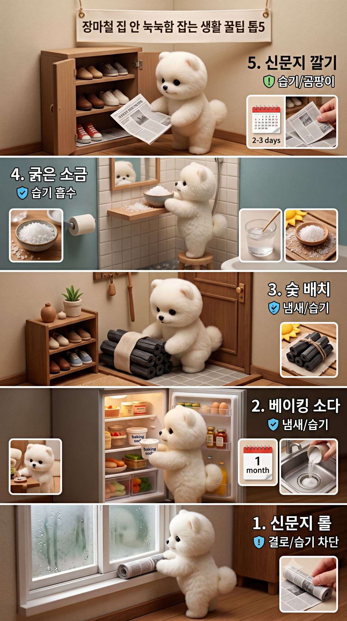 '장마철 집 안 눅눅함 잡는 생활 꿀팁 톱5'. 기사 내용 토대로 AI툴 활용해 제작한 자료사진.