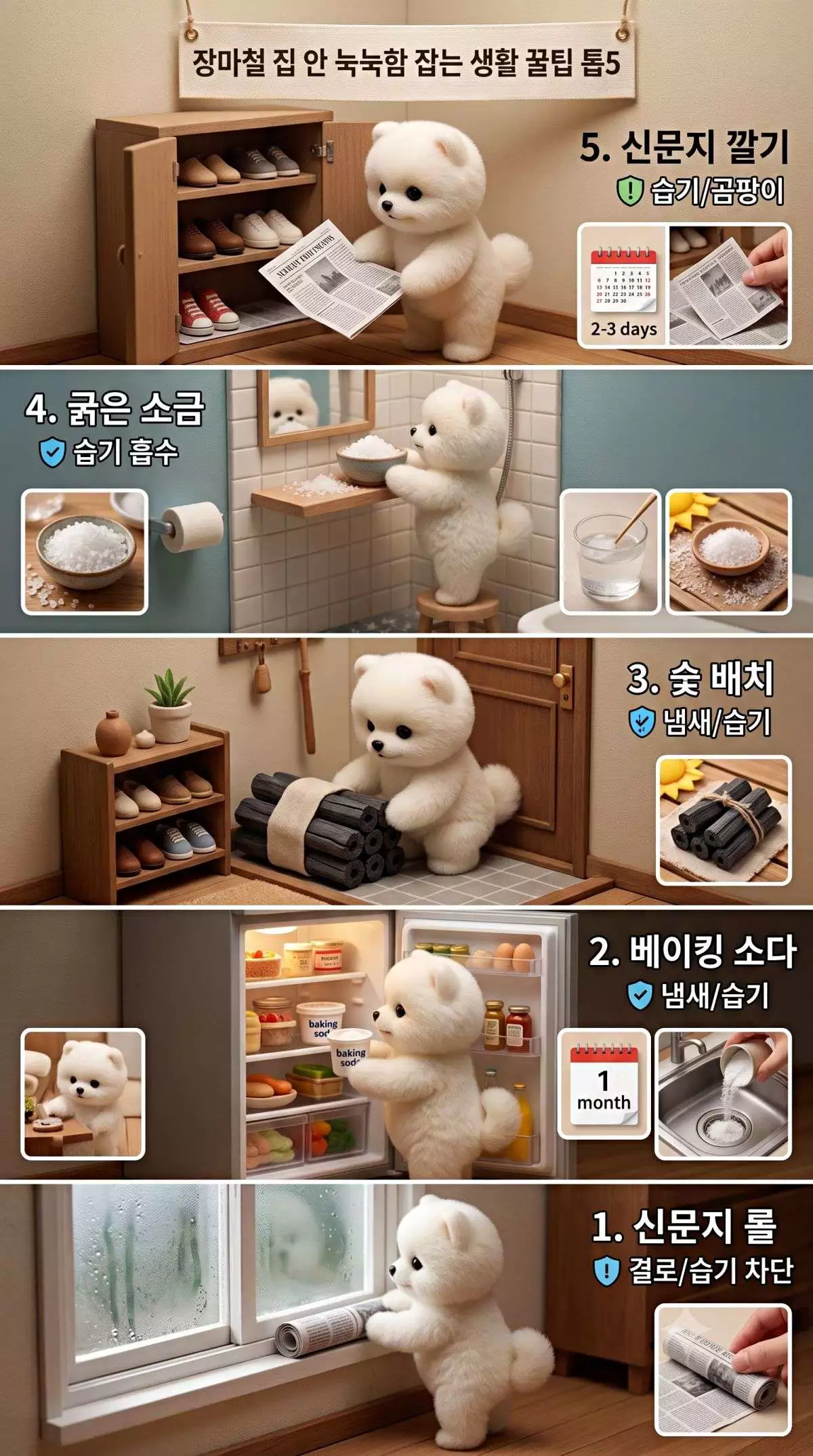 '장마철 집 안 눅눅함 잡는 생활 꿀팁 톱5'. 기사 내용 토대로 AI툴 활용해 제작한 자료사진.