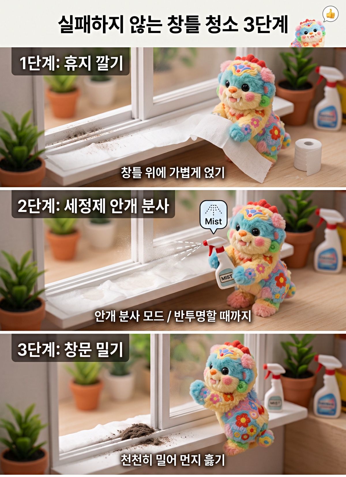 두루마리 휴지 창틀 청소 단계별 꿀팁. 기사 내용 토대로 AI툴 활용해 제작한 자료사진.