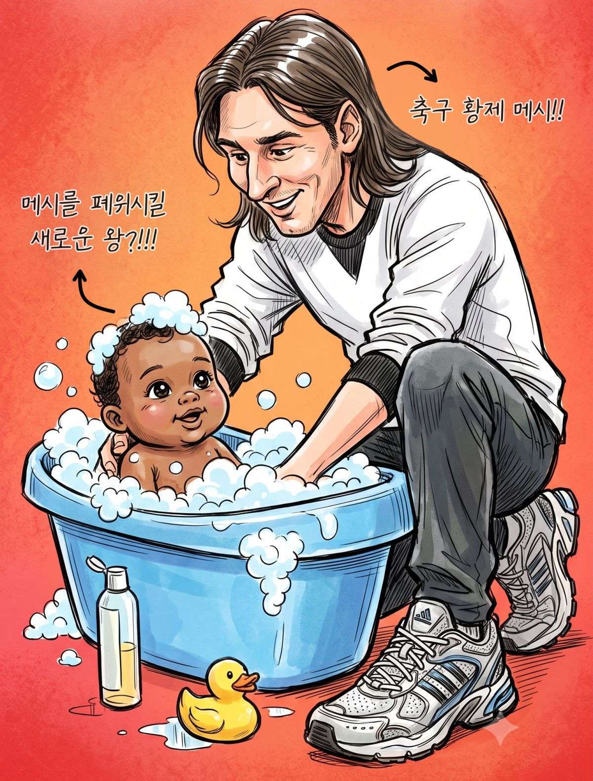메시는 2007년 FC바르셀로나 자선 행사에서 라민 야말을 목욕시켜준 적 있다. 기사 내용 토대로 AI툴 활용해 제작한 자료사진.