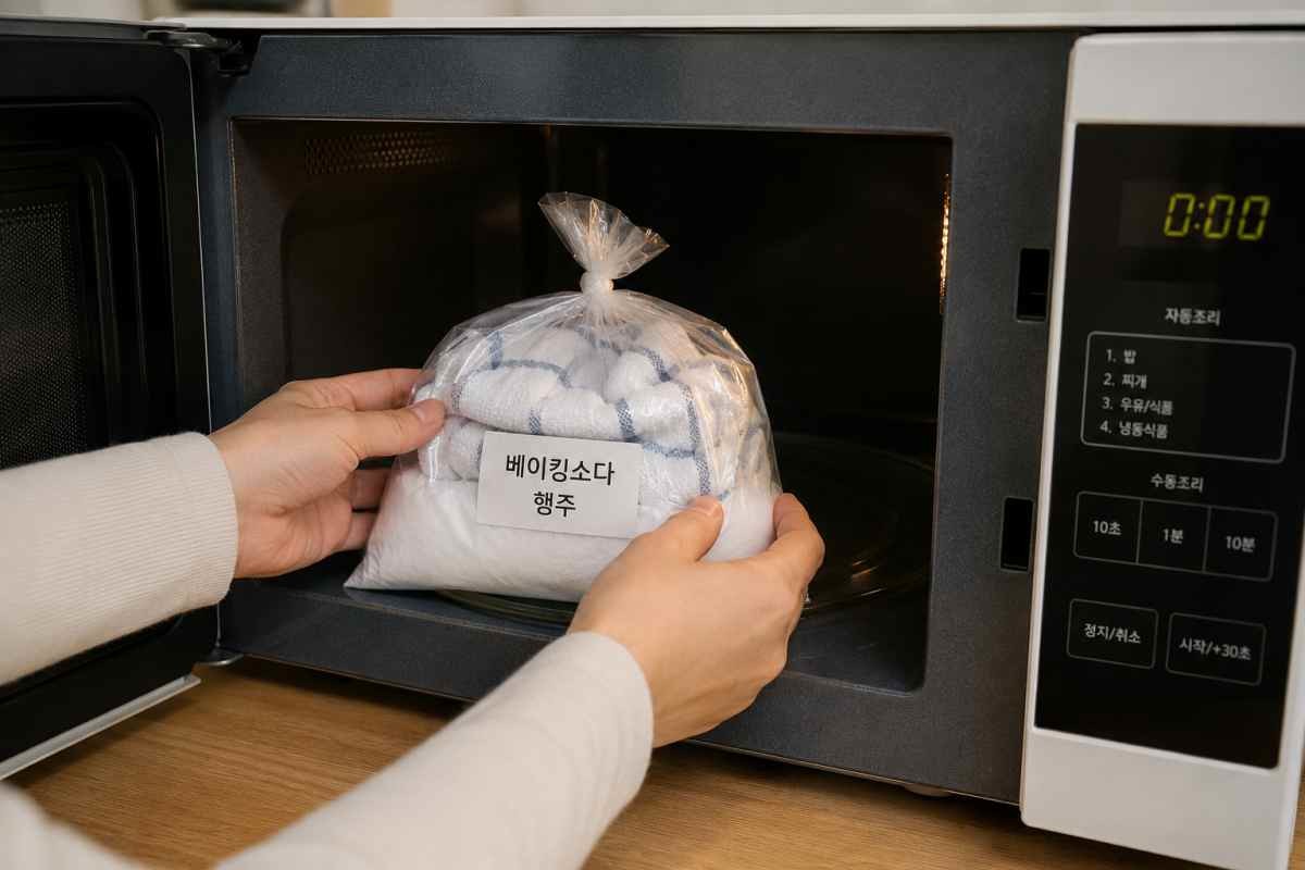 행주를 전자레인지에 넣고 있는 모습. AI 생성 이미지