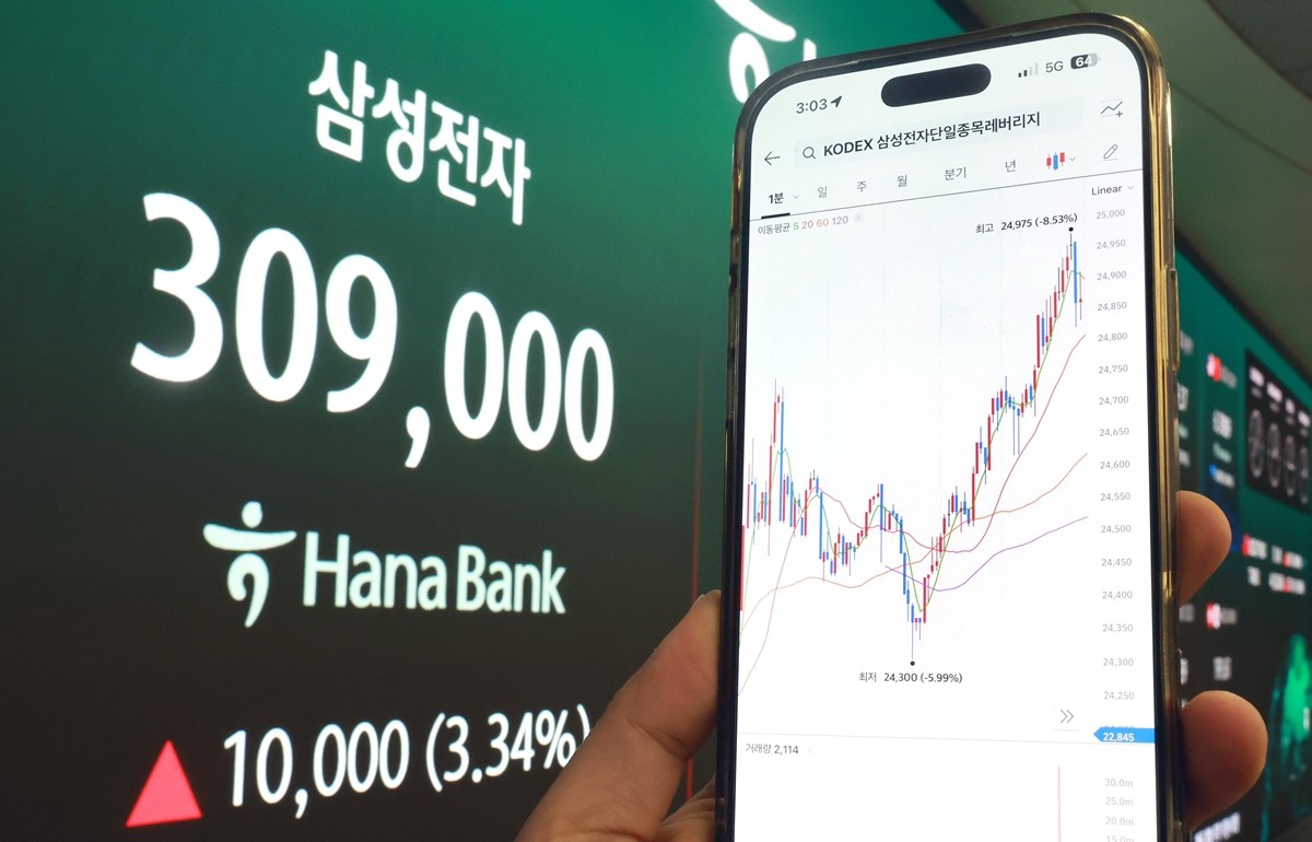 삼성전자와 SK하이닉스가 레버리지 상장지수펀드(ETF)에 출시된 지난 5월 27일 서울 중구 하나은행 딜링룸 현황판에 삼성전자 주가가 표시되고 있다. / 뉴스1