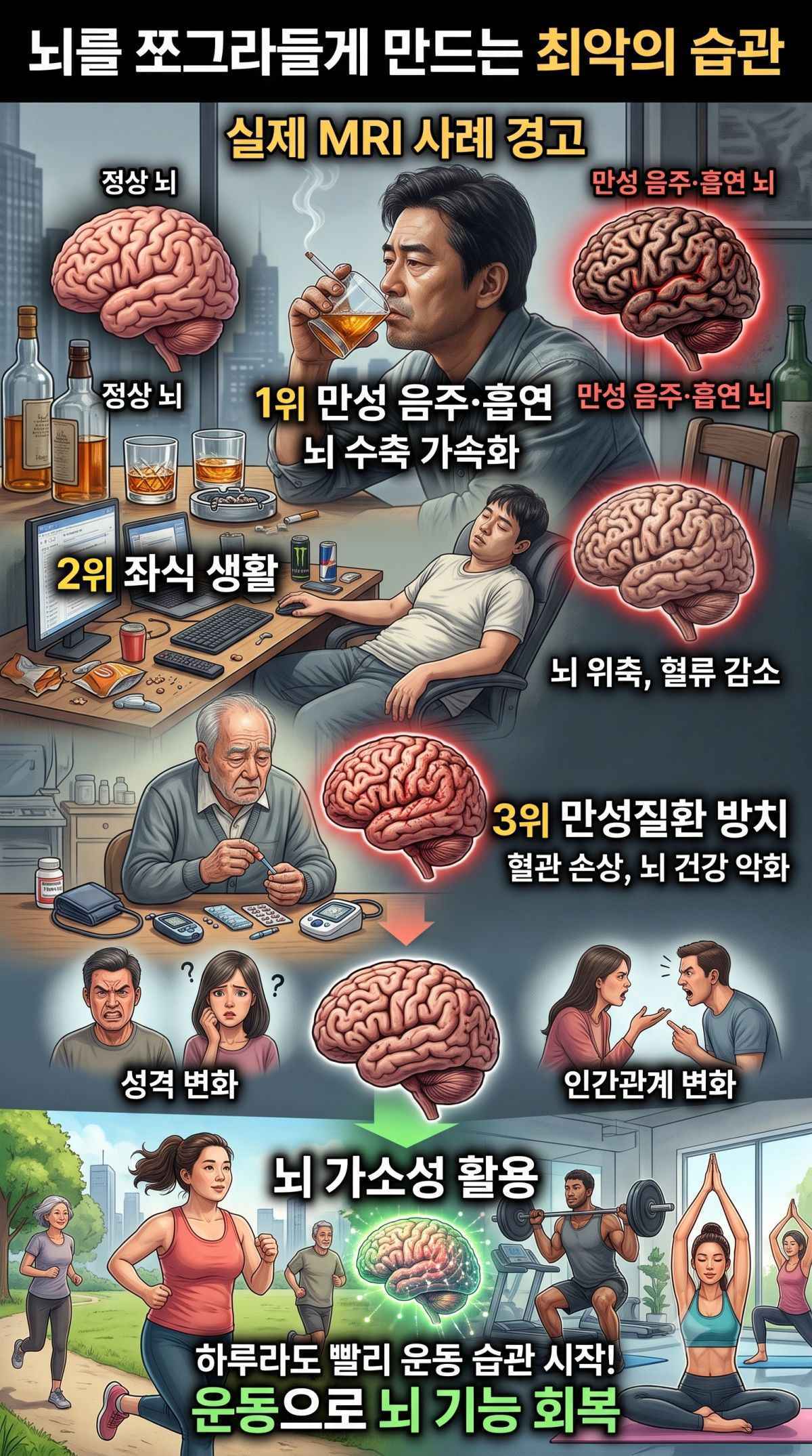 뇌를 쪼그라들게 하는 최악의 습관 정리. 기사 내용 토대로 AI툴 활용해 제작한 자료사진.