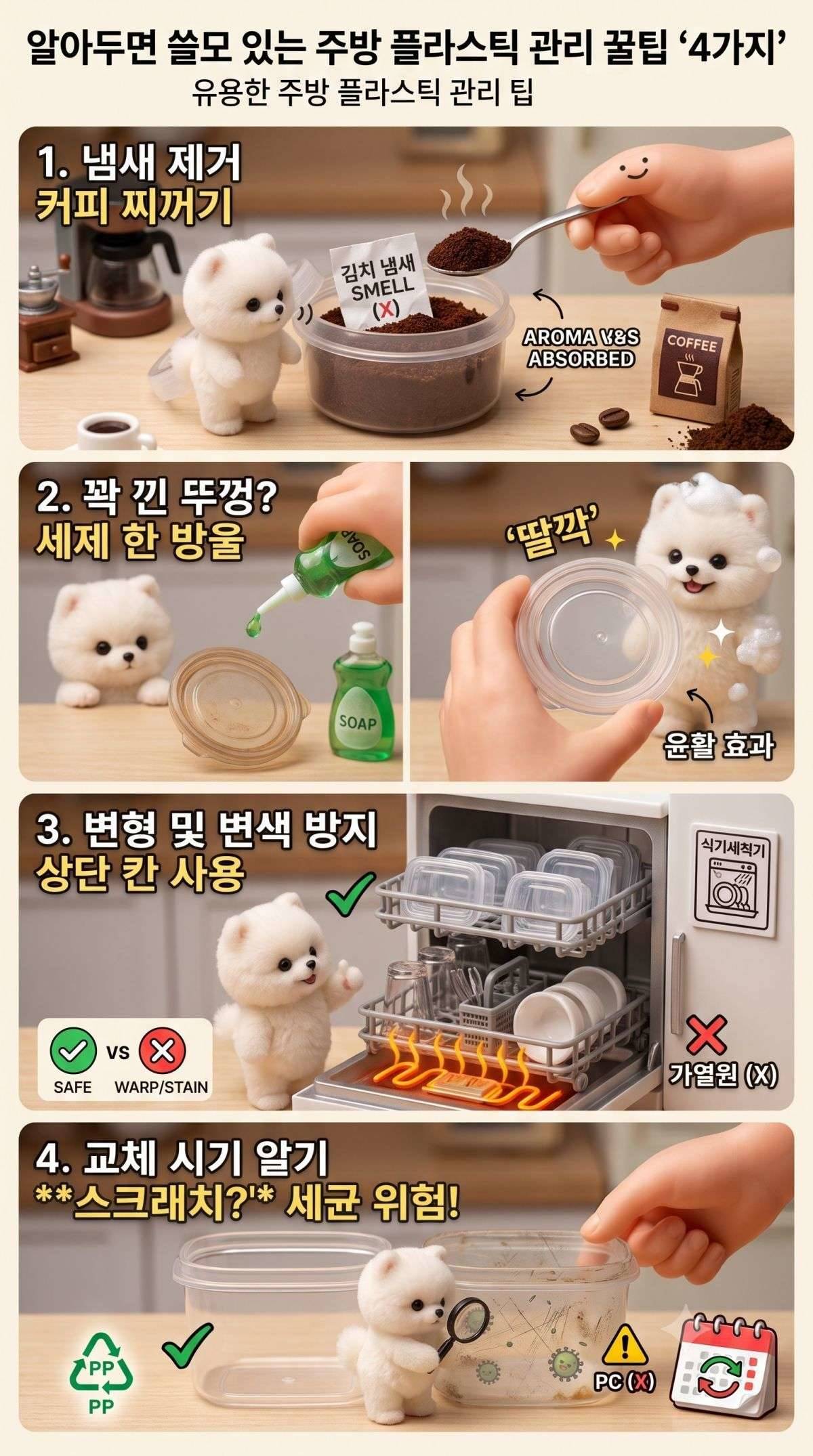 알아두면 쓸모 있는 주방 플라스틱 관리 꿀팁. 기사 내용 토대로 AI툴 활용해 제작한 자료사진.