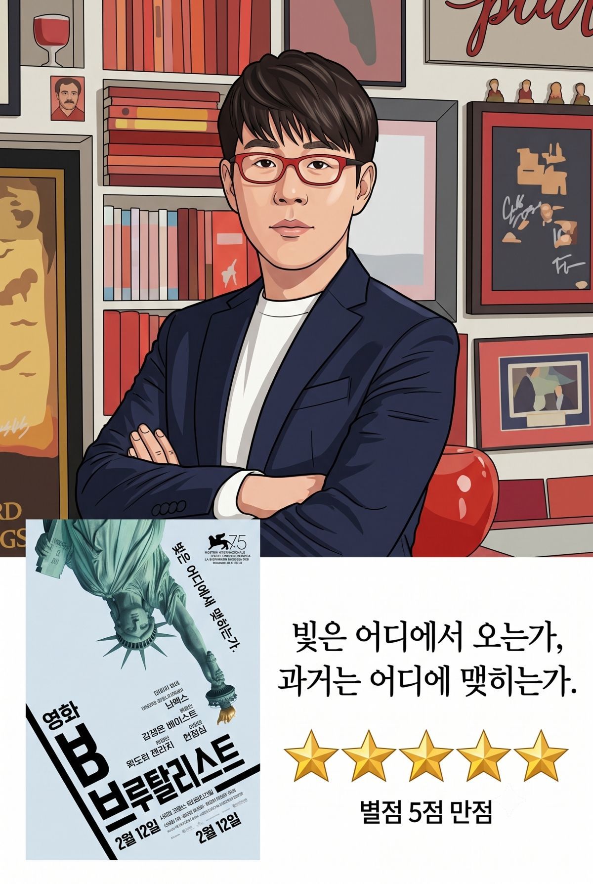 '브루탈리스트'에 대한 이동진의 한줄평과 별점. 기사 내용 토대로 AI툴 활용해 제작한 자료사진.