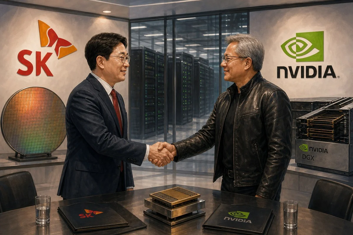 SK-엔비디아 5000억 달러 동맹…HBM 공급까지 확보한다 / AI 생성 일러스트(삽화)