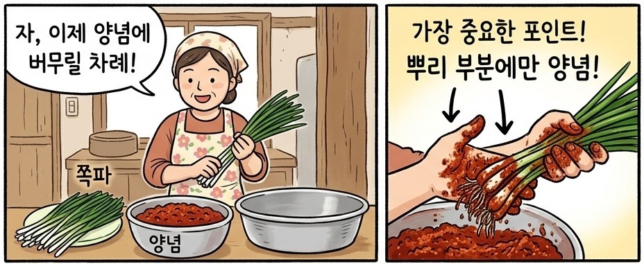 [만화] 기사를 바탕으로 AI가 생성한 만화 이미지. 쪽파 전체가 아닌 '뿌리 부분에만' 양념을 묻히는 노하우가 있다. 많은 사람들이 쪽파 전체에 양념을 골고루 묻히려 하지만, 이렇게 하면 시간이 지나면서 줄기에서 수분이 빠져나와 김치가 쉽게 짜지고 물러질 수 있다. 반면 뿌리 쪽에만 양념을 집중하면 숙성 과정에서 자연스럽게 양념이 퍼지며 간이 골고루 배게 된다.