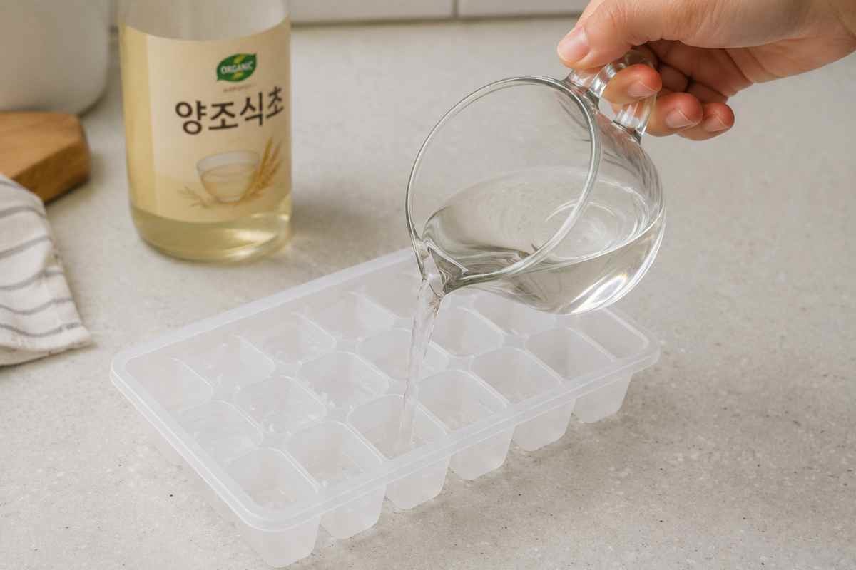식초물을 얼음틀에 붓고 있는 모습. AI 생성 이미지
