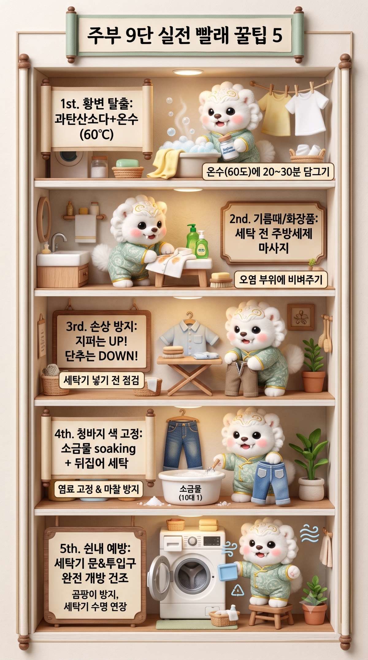주부 9단들의 실전 빨래-세탁 꿀팁 5가지. 기사 내용 토대로 AI툴 활용해 제작한 자료사진.