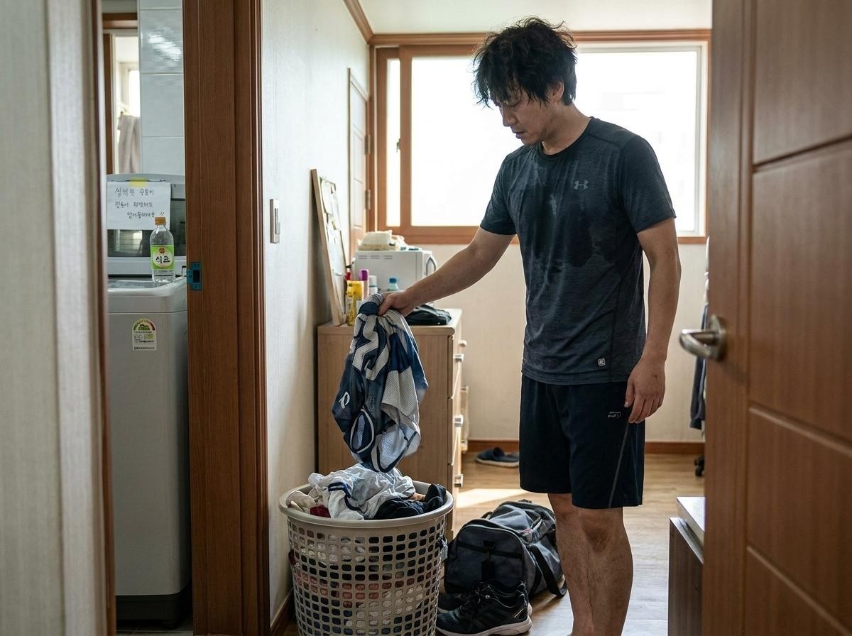 젖은 수건과 운동복 빨래 더미. 기사 내용 토대로 AI툴 활용해 제작한 자료사진.